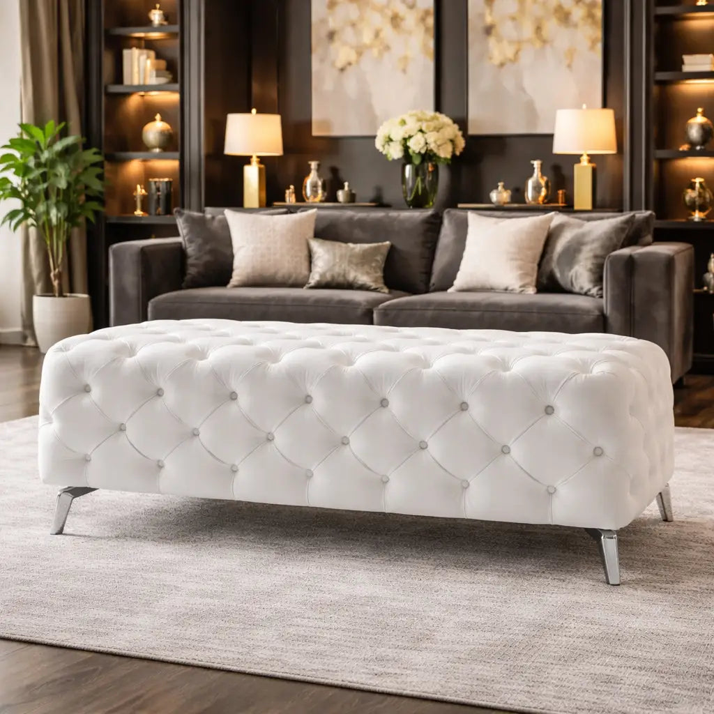 Artistic Tufted White Velvet Rectangular Ottoman