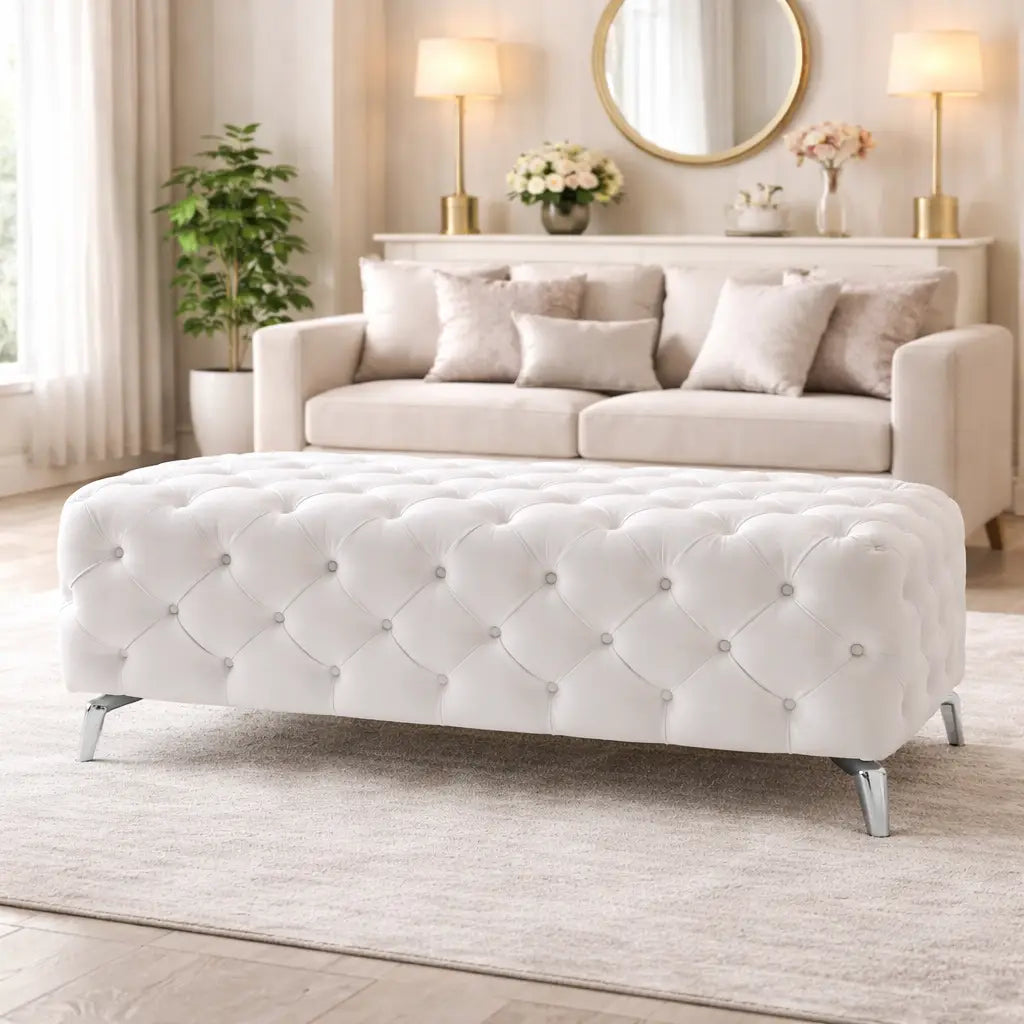 Artistic Tufted White Velvet Rectangular Ottoman