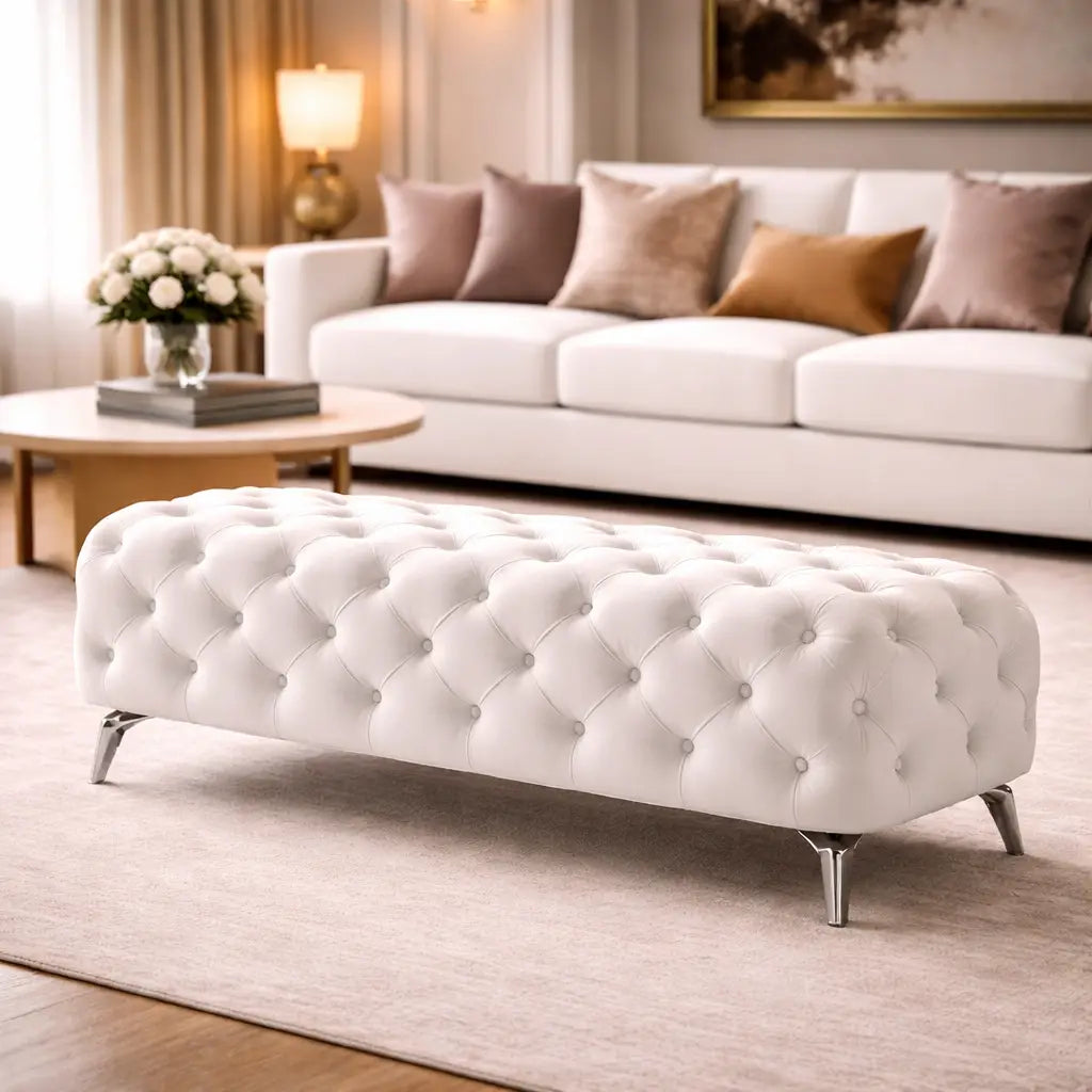 Artistic Tufted White Velvet Rectangular Ottoman