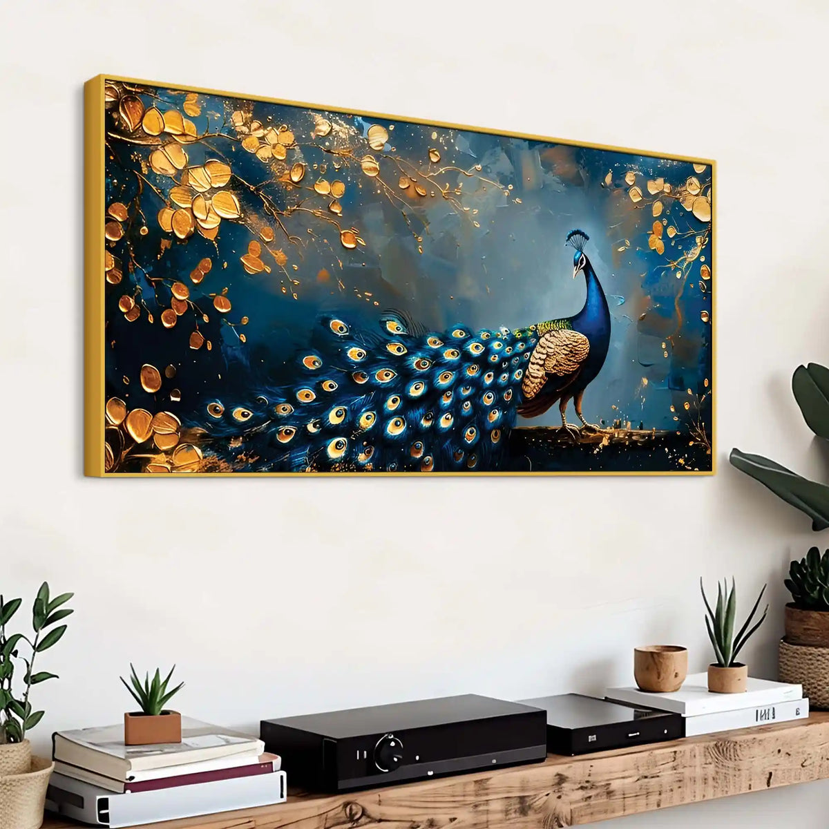 Astonishing Peacock in Golden Autumn Forest Canvas Wall Painting