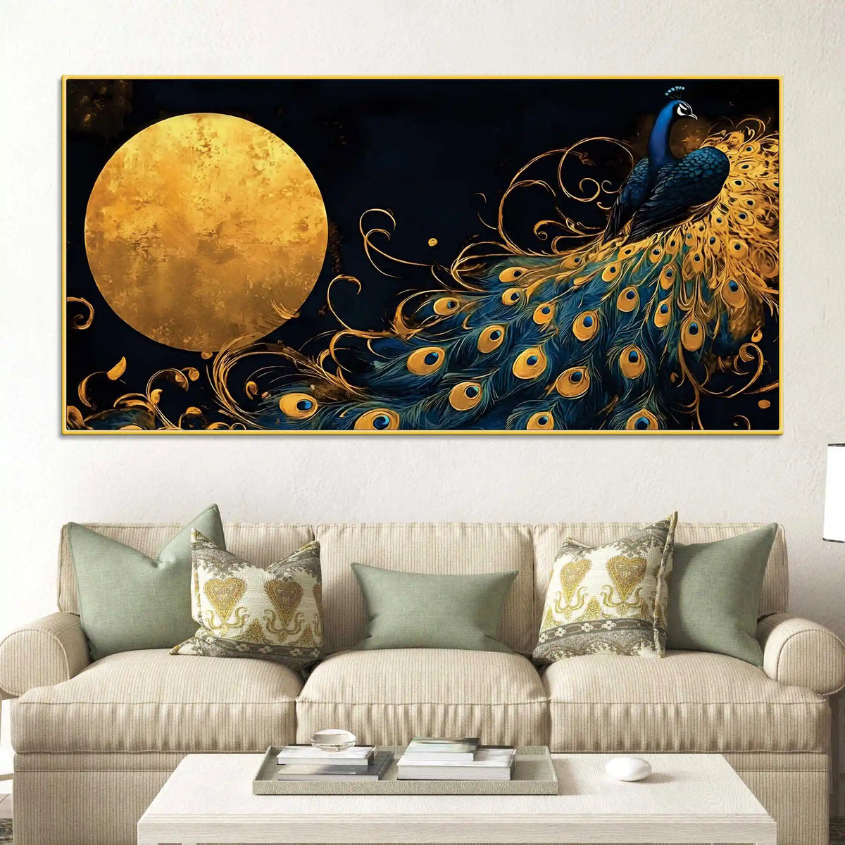 Astonishing Peacock Under a Radiant Golden Moon Canvas Wall Painting