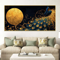 Astonishing Peacock Under a Radiant Golden Moon Canvas Wall Painting