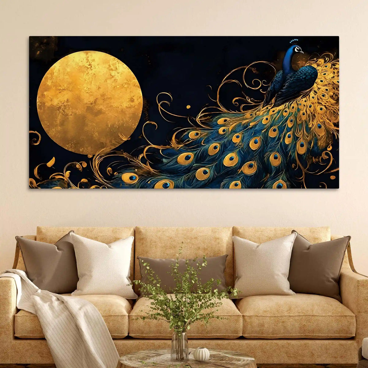 Astonishing Peacock Under a Radiant Golden Moon Canvas Wall Painting