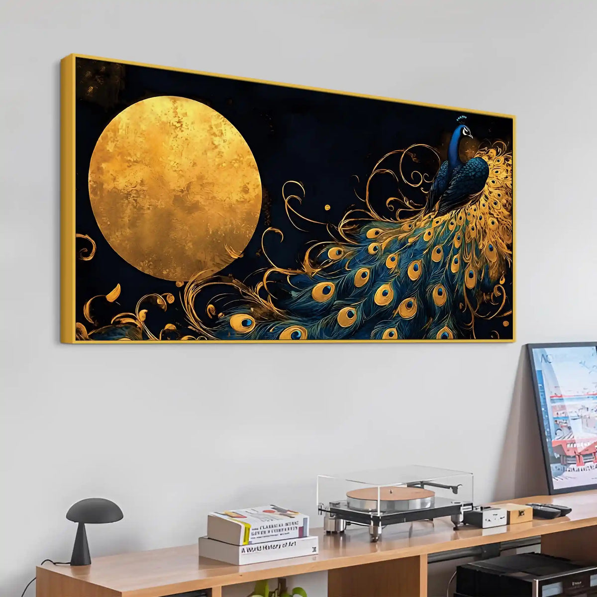 Astonishing Peacock Under a Radiant Golden Moon Canvas Wall Painting