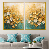 Astonishing White & Golden Bloom Garden Acrylic Floating Wall Painting Set of 2