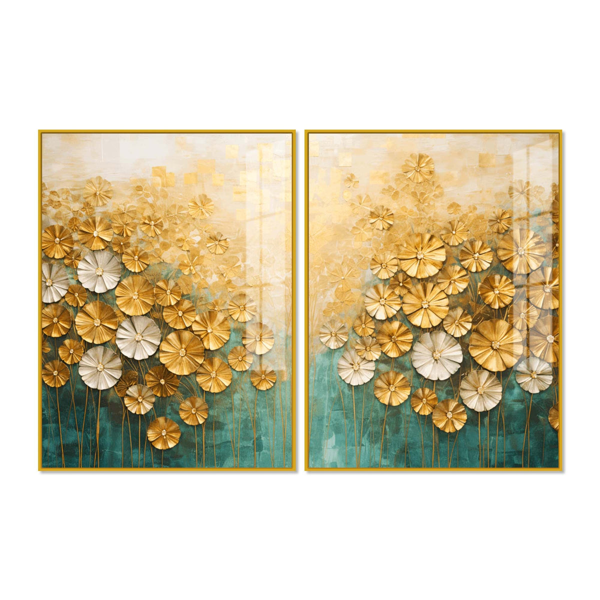 Astonishing White & Golden Bloom Garden Acrylic Floating Wall Painting Set of 2