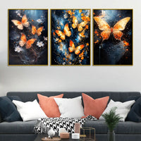 Astral Golden Butterflies & Flowers Floating Frame Crystal Wall Painting Set of 3