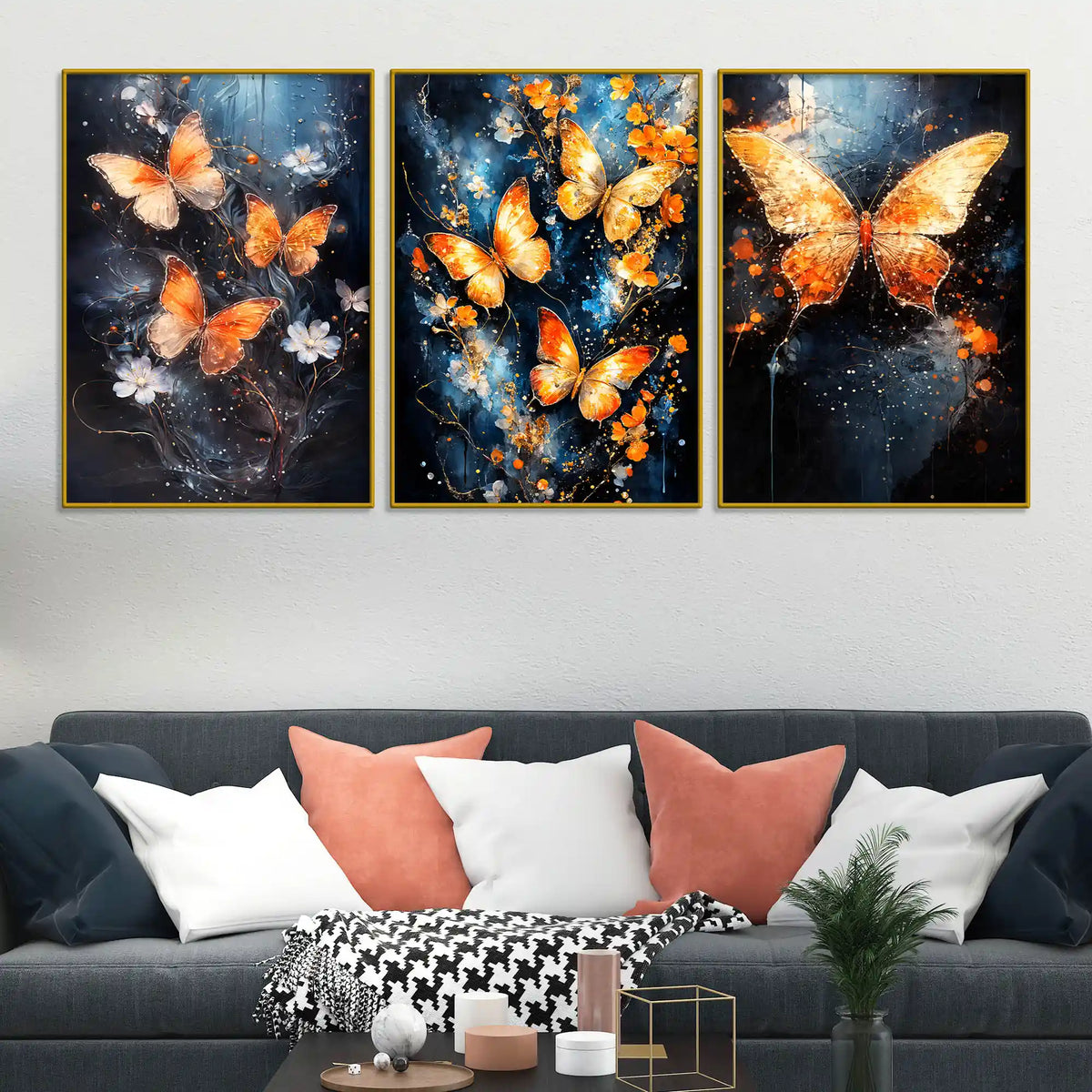 Astral Golden Butterflies & Flowers Floating Frame Crystal Wall Painting Set of 3
