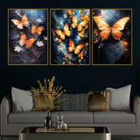 Astral Golden Butterflies & Flowers Floating Frame Crystal Wall Painting Set of 3