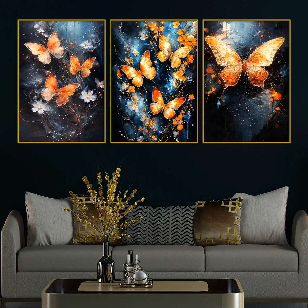 Astral Golden Butterflies & Flowers Floating Frame Crystal Wall Painting Set of 3