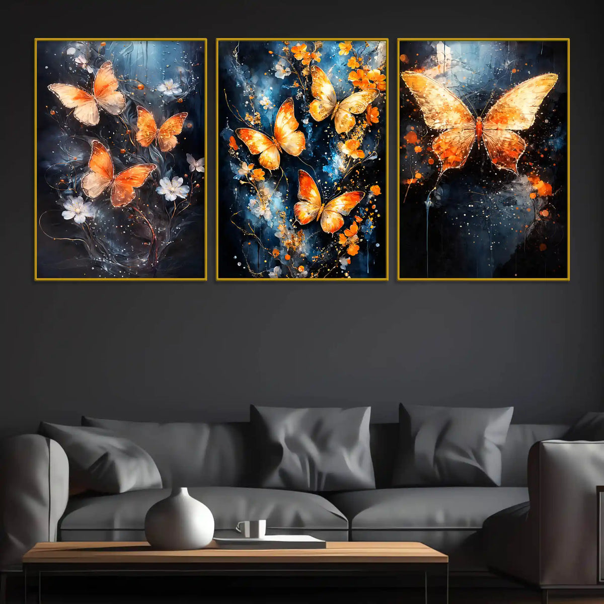 Astral Golden Butterflies & Flowers Floating Frame Crystal Wall Painting Set of 3