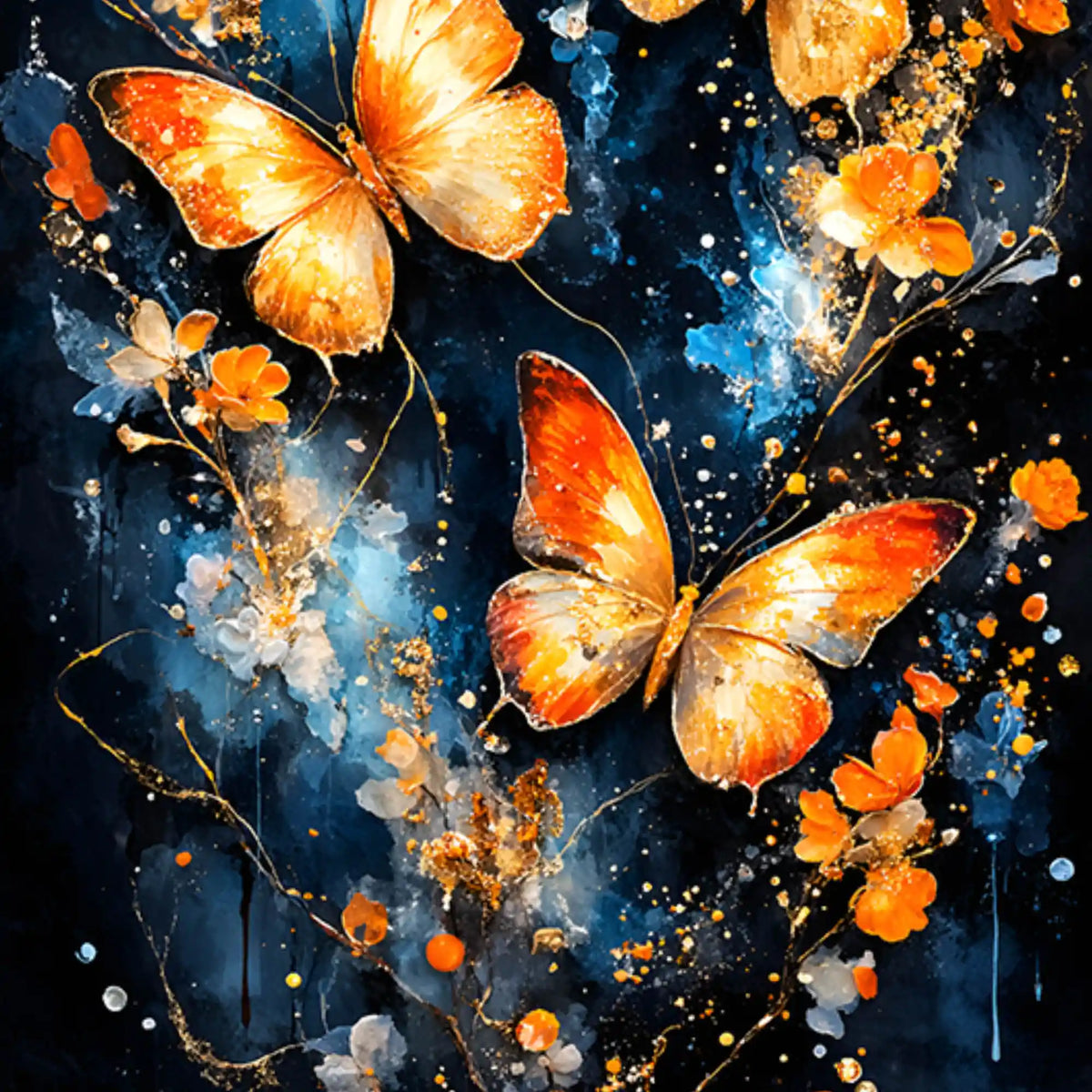 Astral Golden Butterflies & Flowers Floating Frame Crystal Wall Painting Set of 3