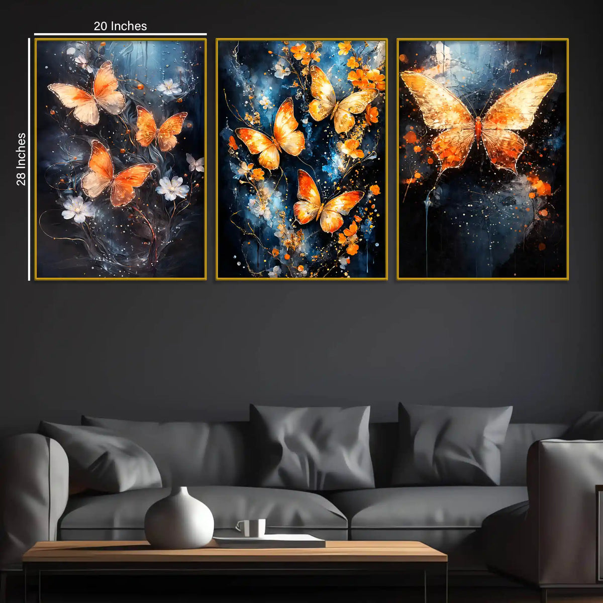 Astral Golden Butterflies & Flowers Floating Frame Crystal Wall Painting Set of 3