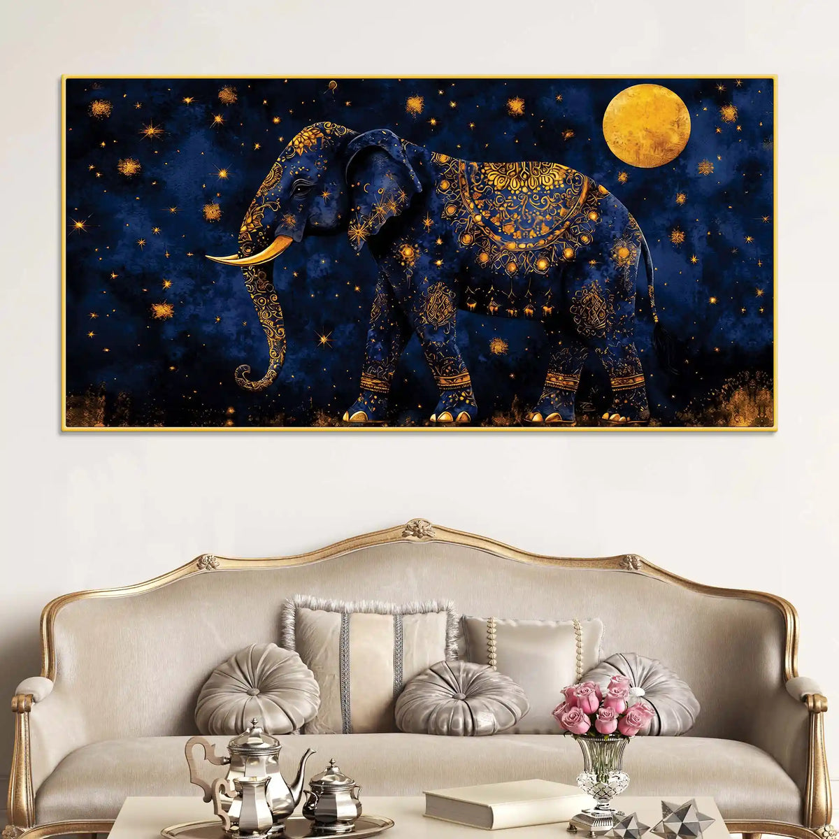 Astral Royal Blue Elephant Under Full Moon Blue Gold Luxury Wall Painting