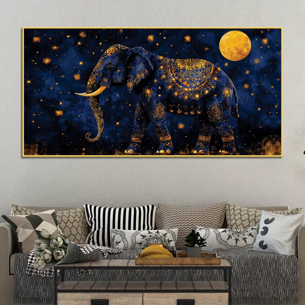 Astral Royal Blue Elephant Under Full Moon Blue Gold Luxury Wall Painting