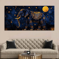 Astral Royal Blue Elephant Under Full Moon Blue Gold Luxury Wall Painting