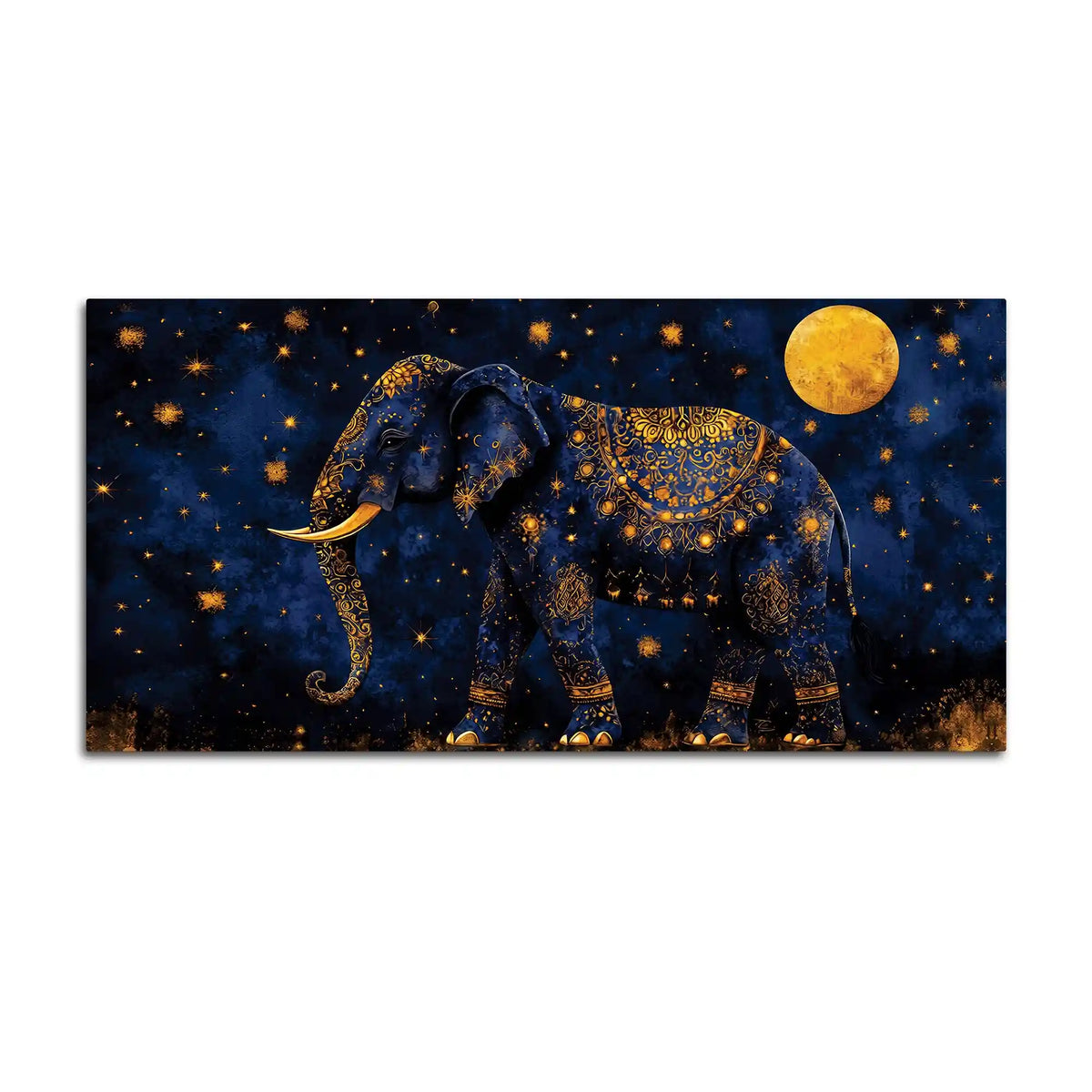 Astral Royal Blue Elephant Under Full Moon Blue Gold Luxury Wall Painting