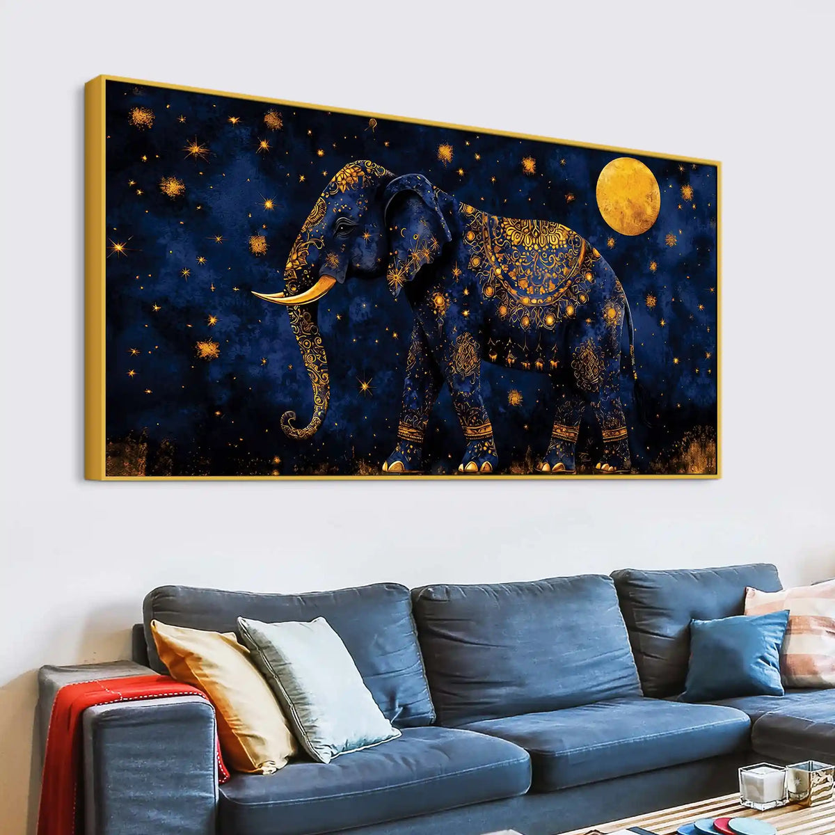 Astral Royal Blue Elephant Under Full Moon Blue Gold Luxury Wall Painting