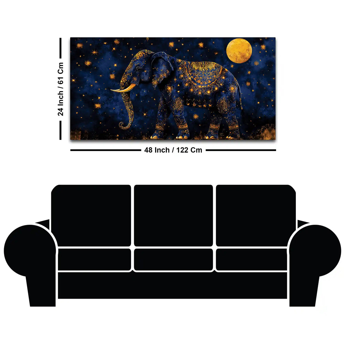 Astral Royal Blue Elephant Under Full Moon Blue Gold Luxury Wall Painting
