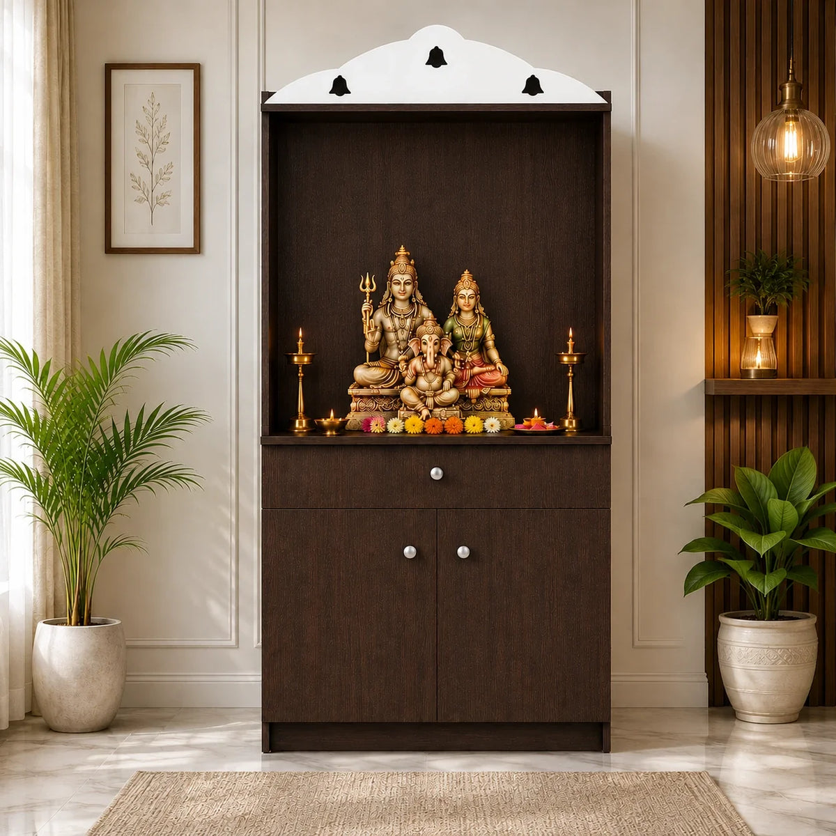 Attractive White Arch Design Dark Brown Finish Wooden Pooja Temple for Home & Office with Side Jali Panels & Drawer Cabinet Storage
