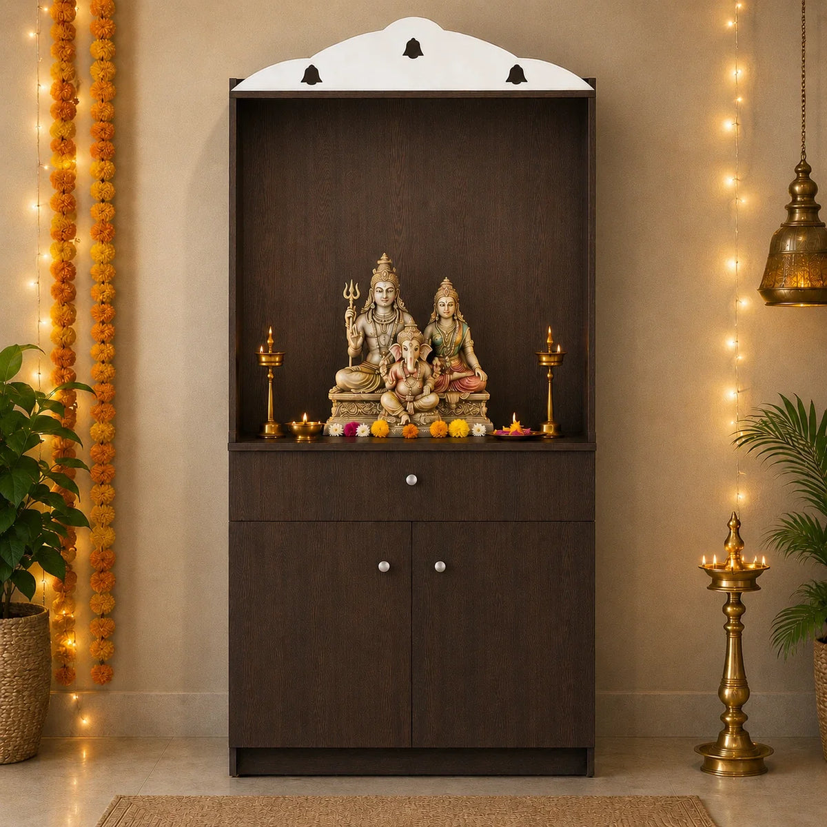 Attractive White Arch Design Dark Brown Finish Wooden Pooja Temple for Home & Office with Side Jali Panels & Drawer Cabinet Storage