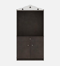 Attractive White Arch Design Dark Brown Finish Wooden Pooja Temple for Home & Office with Side Jali Panels & Drawer Cabinet Storage