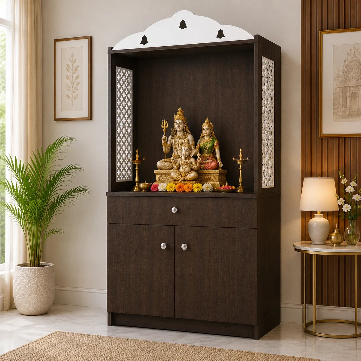 Attractive White Arch Design Dark Brown Finish Wooden Pooja Temple for Home & Office with Side Jali Panels & Drawer Cabinet Storage