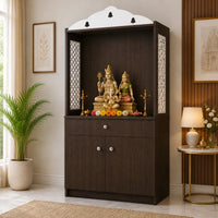 Attractive White Arch Design Dark Brown Finish Wooden Pooja Temple for Home & Office with Side Jali Panels & Drawer Cabinet Storage
