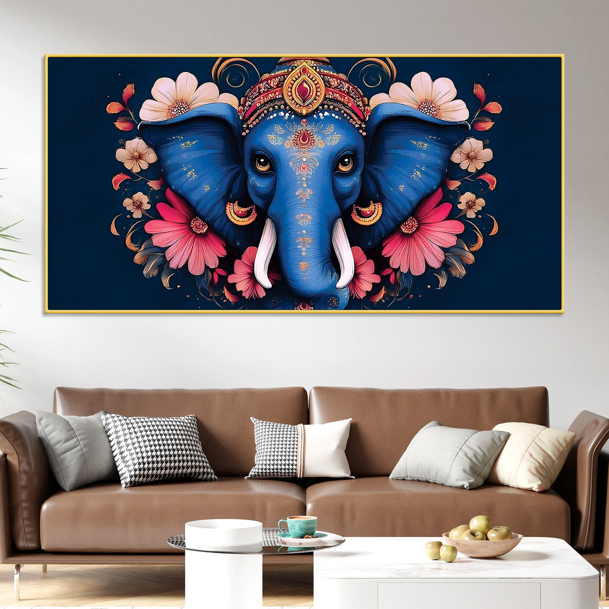 Auspicious Blue Lord Ganesha Adorned With Flowers Traditional Folk Art Style Canvas Wall Painting For Home & Office Spaces