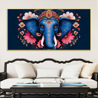 Auspicious Blue Lord Ganesha Adorned With Flowers Traditional Folk Art Style Canvas Wall Painting For Home & Office Spaces