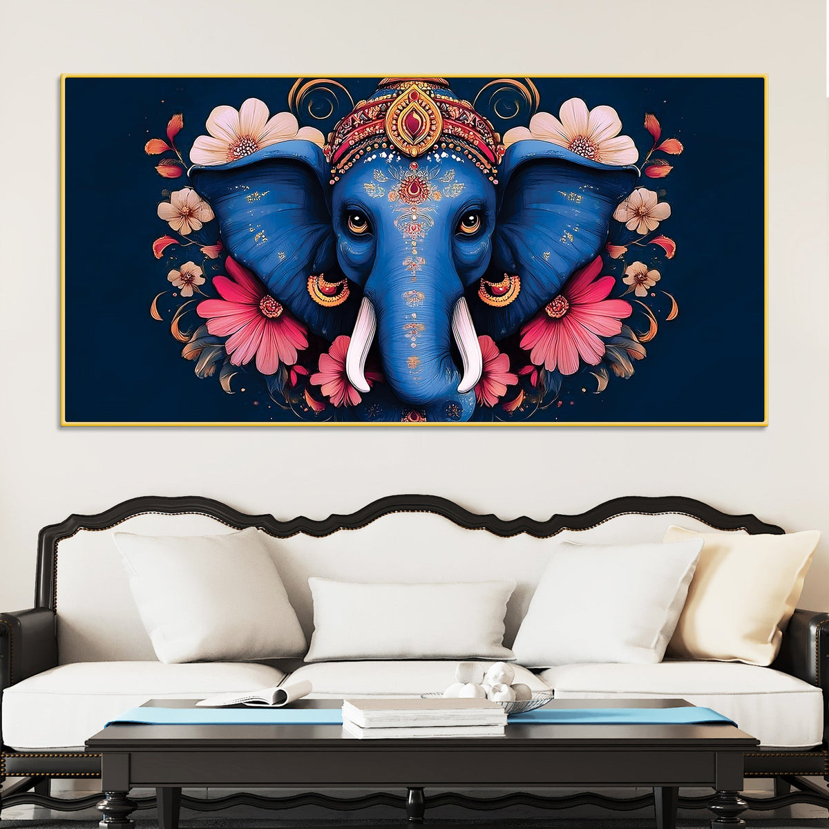 Auspicious Blue Lord Ganesha Adorned With Flowers Traditional Folk Art Style Canvas Wall Painting For Home & Office Spaces