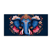 Auspicious Blue Lord Ganesha Adorned With Flowers Traditional Folk Art Style Canvas Wall Painting For Home & Office Spaces