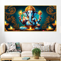 Auspicious Blue Lord Ganesha Sitted with Diyas Aesthetic Canvas Wall Painting for Home & Office Decor – Modern Devotional Wall Art