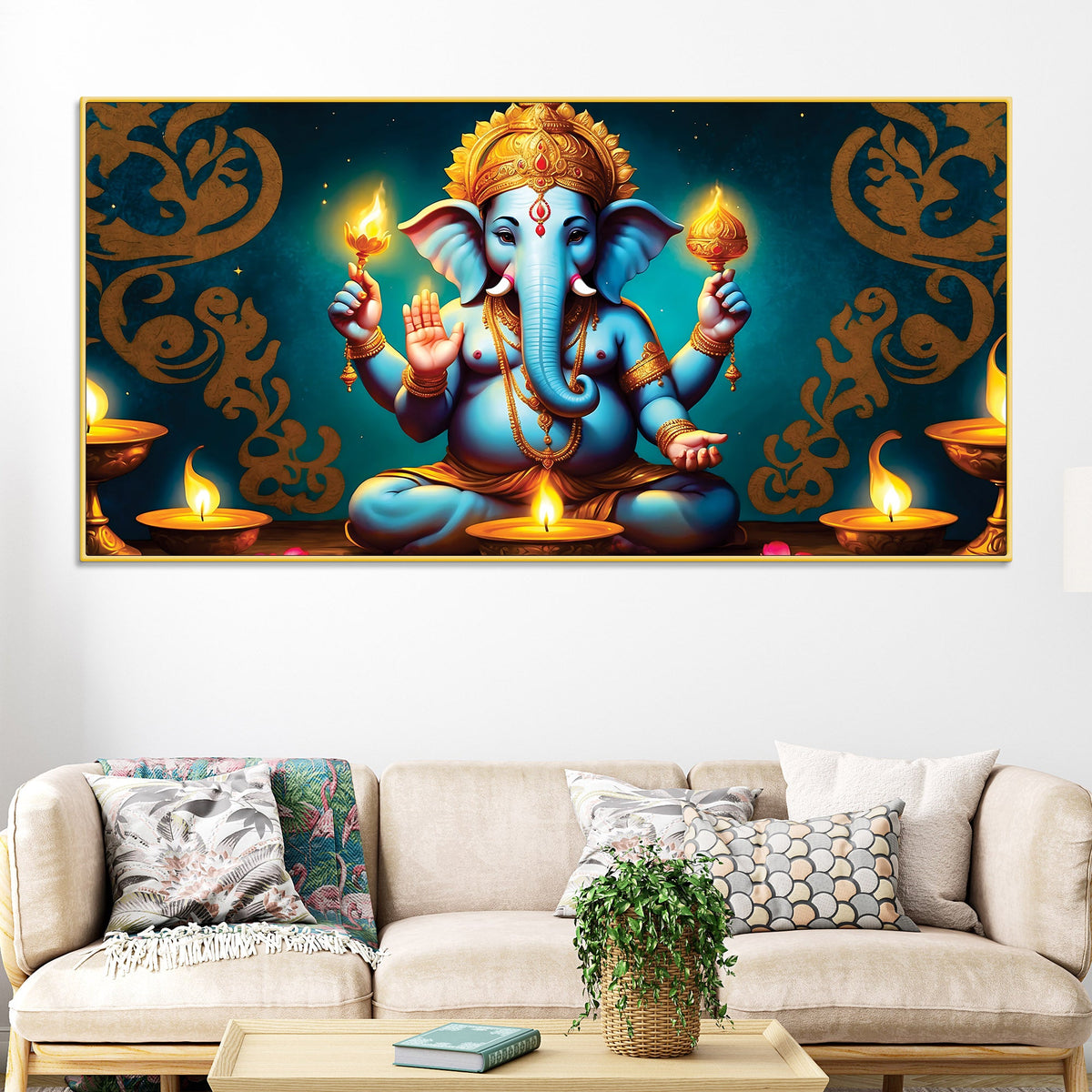 Auspicious Blue Lord Ganesha Sitted with Diyas Aesthetic Canvas Wall Painting for Home & Office Decor – Modern Devotional Wall Art