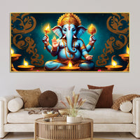 Auspicious Blue Lord Ganesha Sitted with Diyas Aesthetic Canvas Wall Painting for Home & Office Decor – Modern Devotional Wall Art
