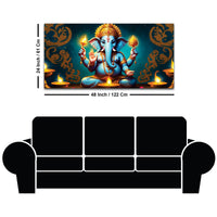 Auspicious Blue Lord Ganesha Sitted with Diyas Aesthetic Canvas Wall Painting for Home & Office Decor – Modern Devotional Wall Art