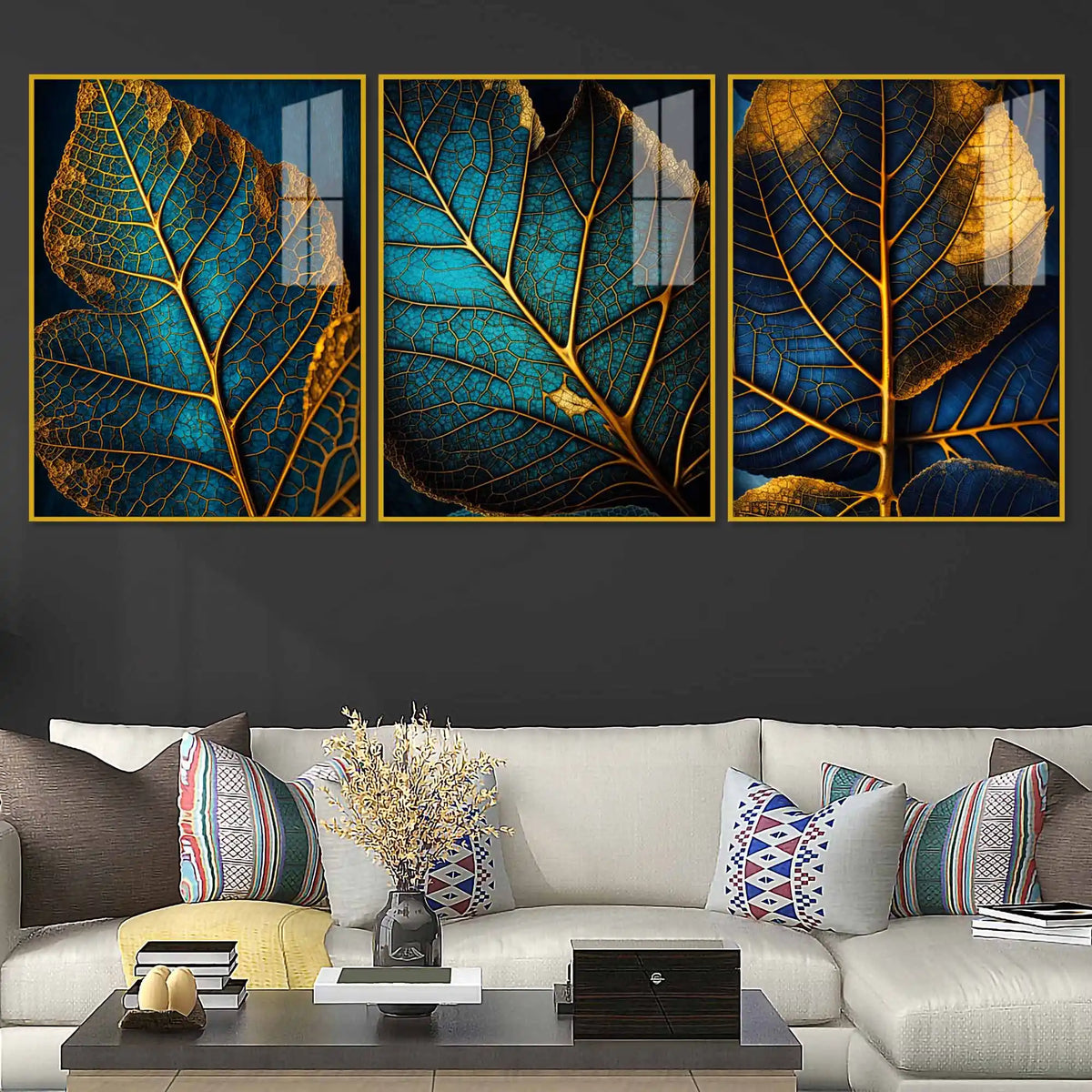 Azure Leaf Golden Veins Acrylic Floating Frame Wall Painting Set of 3