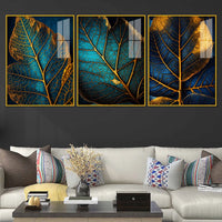 Azure Leaf Golden Veins Acrylic Floating Frame Wall Painting Set of 3