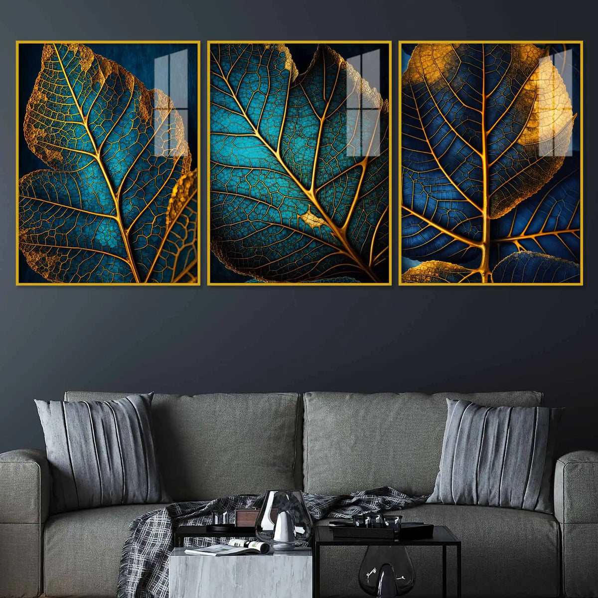 Azure Leaf Golden Veins Acrylic Floating Frame Wall Painting Set of 3