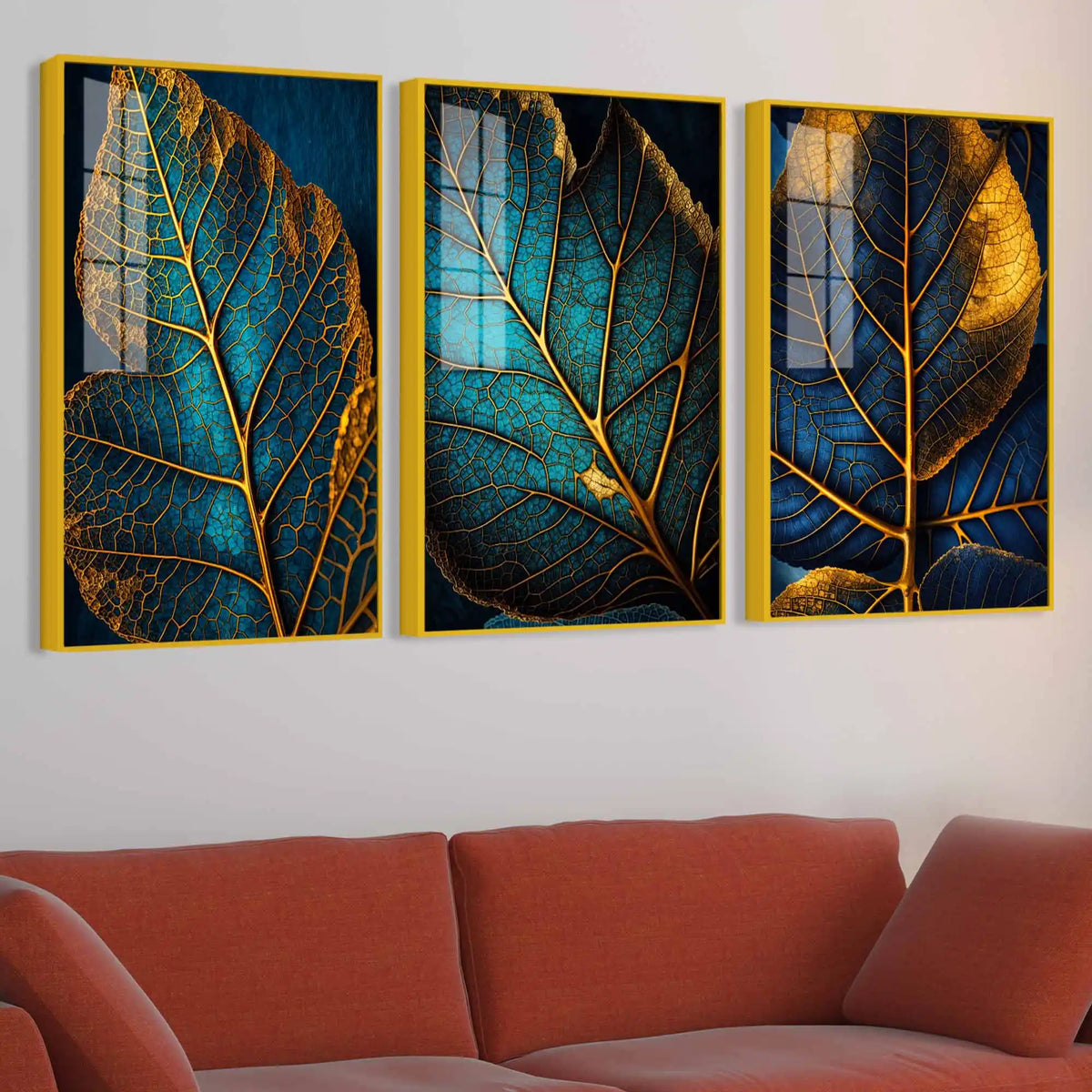 Azure Leaf Golden Veins Acrylic Floating Frame Wall Painting Set of 3