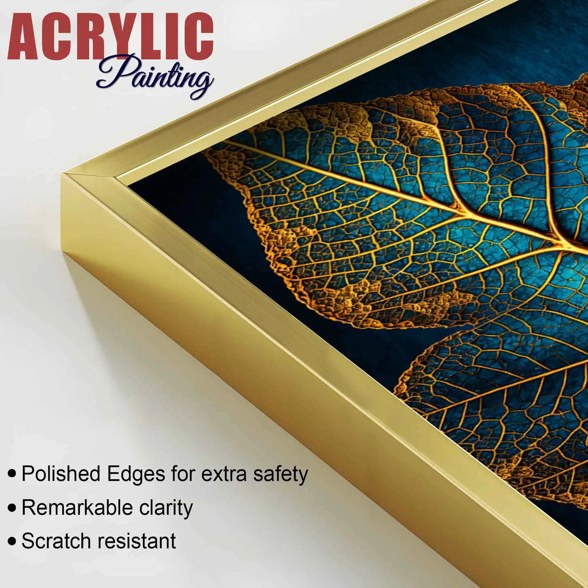 Azure Leaf Golden Veins Acrylic Floating Frame Wall Painting Set of 3