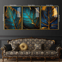 Azure Leaf Golden Veins Acrylic Floating Frame Wall Painting Set of 3