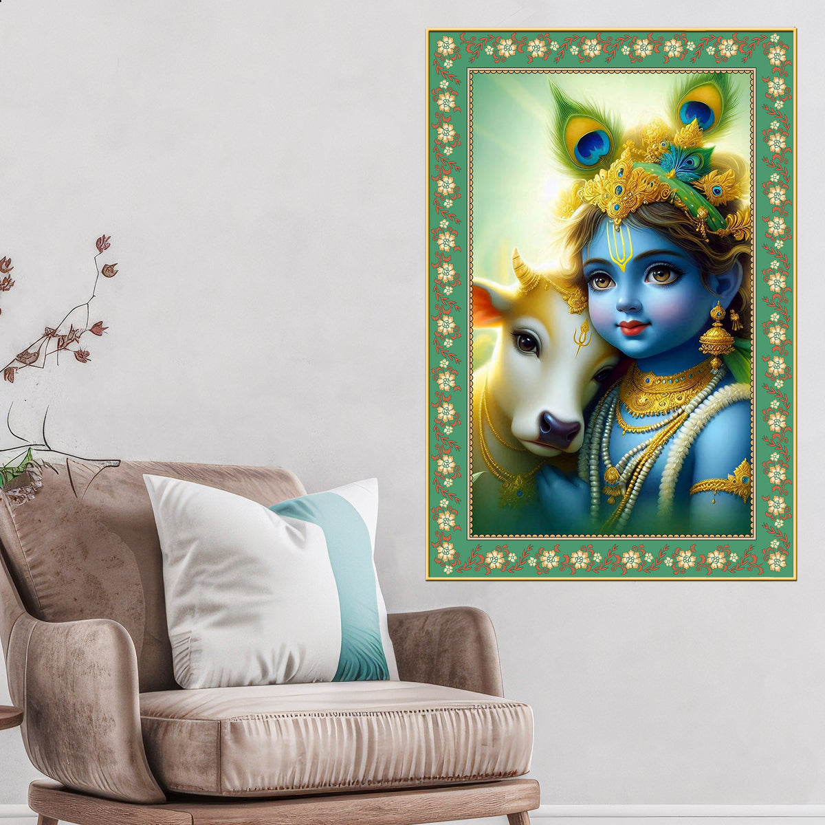 Bal Krishna with Cow Floral Border Vertical Wall Painting