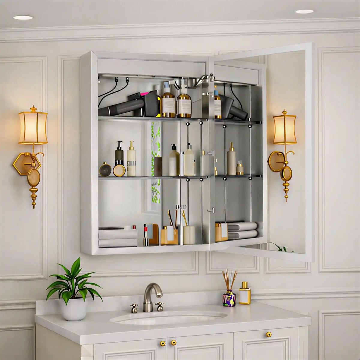 Bathroom Mirror Cabinet with Lighting and Ample Storage