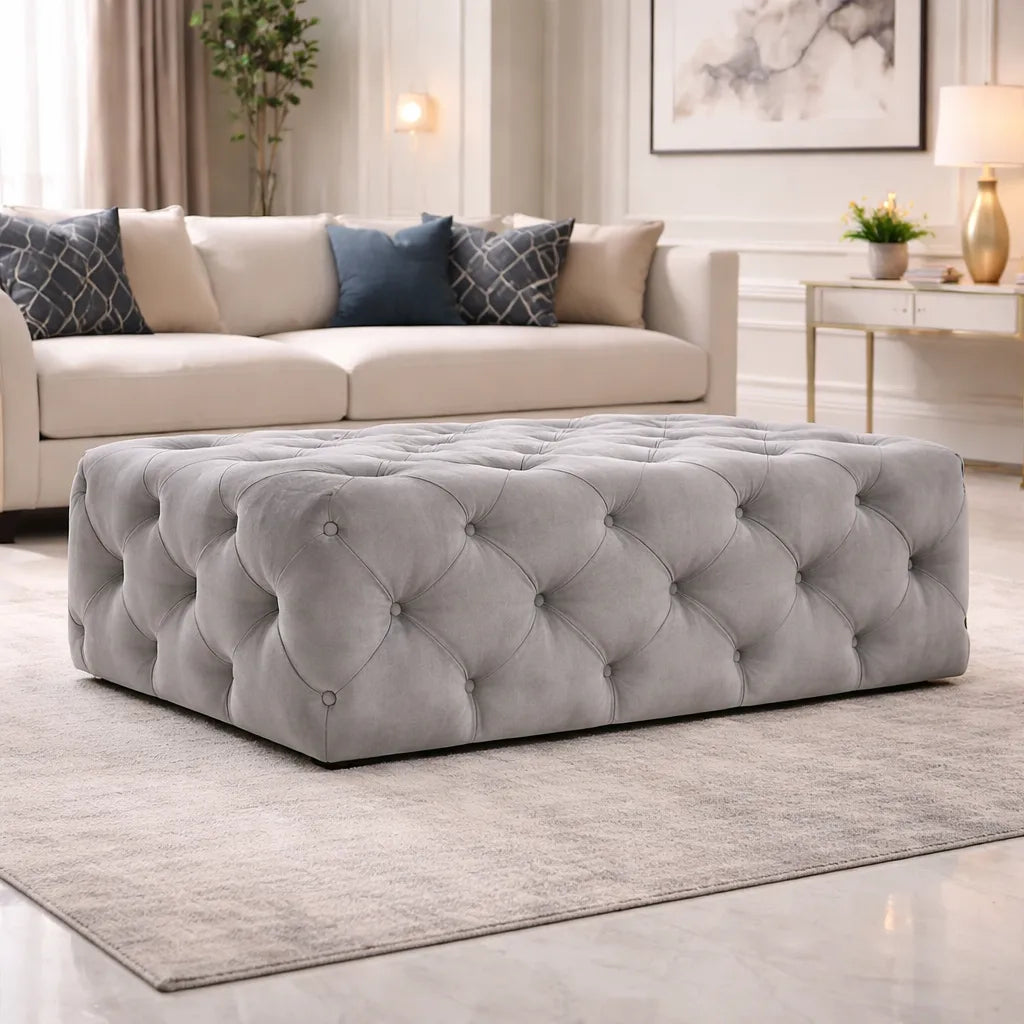 Beautiful Artistic Design Tufted Grey Velvet Ottoman