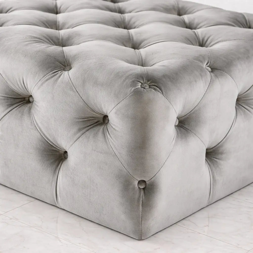 Beautiful Artistic Design Tufted Grey Velvet Ottoman