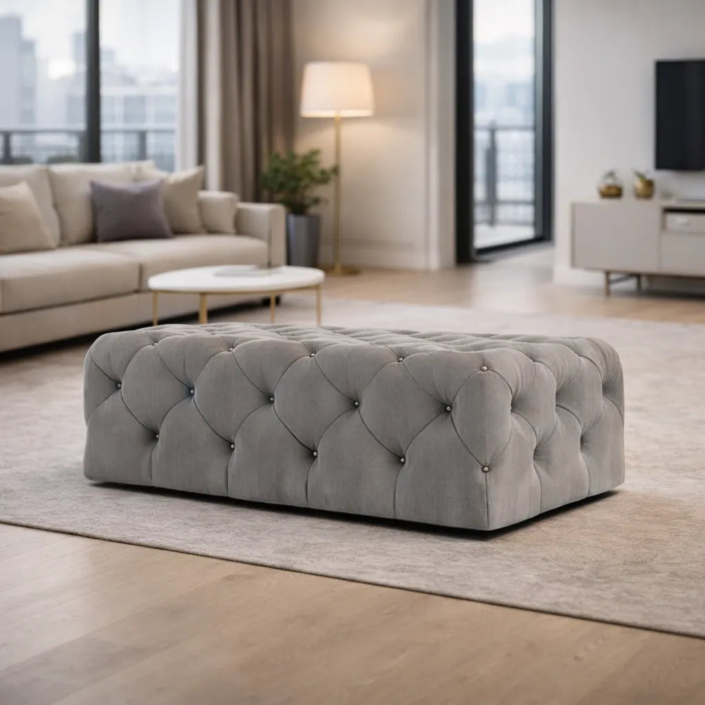 Beautiful Artistic Design Tufted Grey Velvet Ottoman