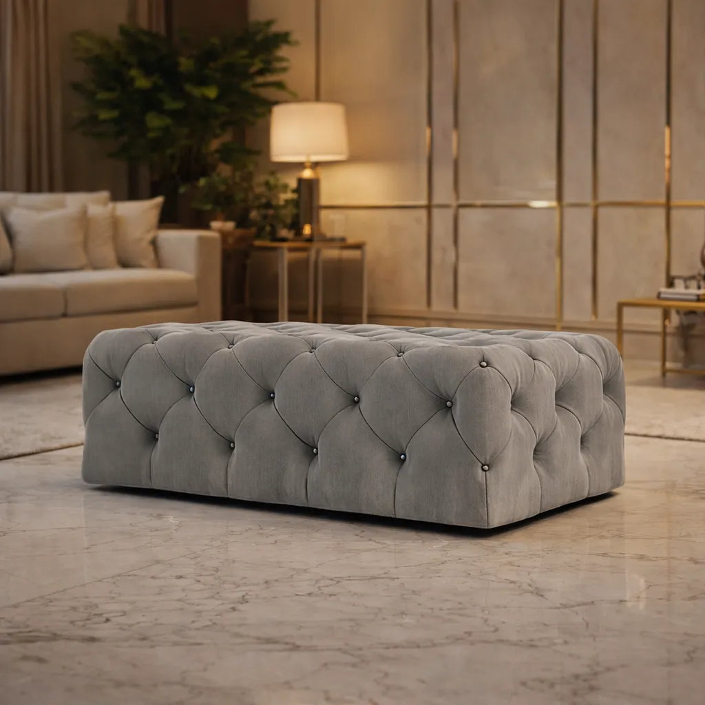 Beautiful Artistic Design Tufted Grey Velvet Ottoman