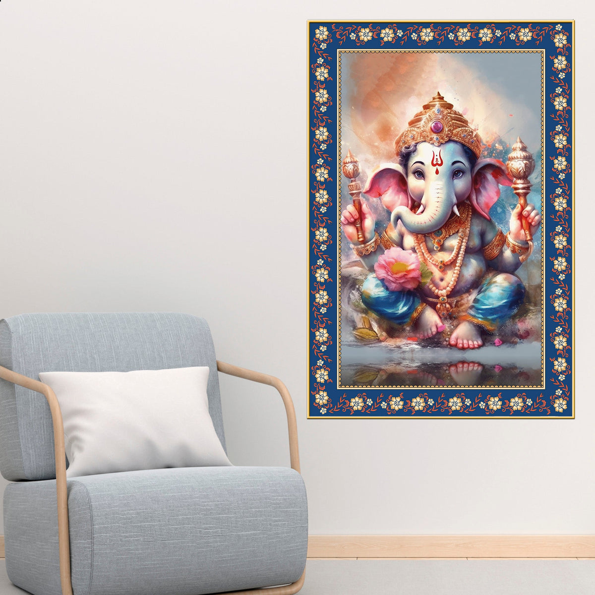 Beautiful Bal Ganesha Floral Border Vertical Wall Painting