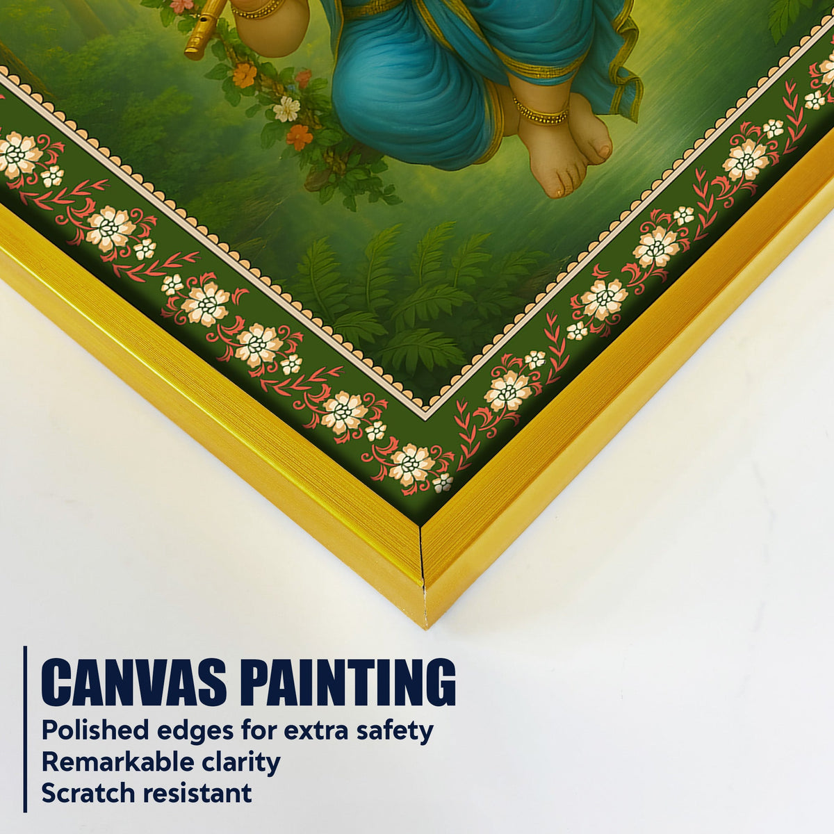 Beautiful Ganesh with Flute Floral Border Vertical Wall Painting